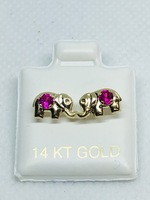  14KT ELEPHANT EARRING, PINK STONE