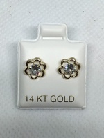 14K, FLOWER EARRINGS, WHITE STONES. SCREW BACKS